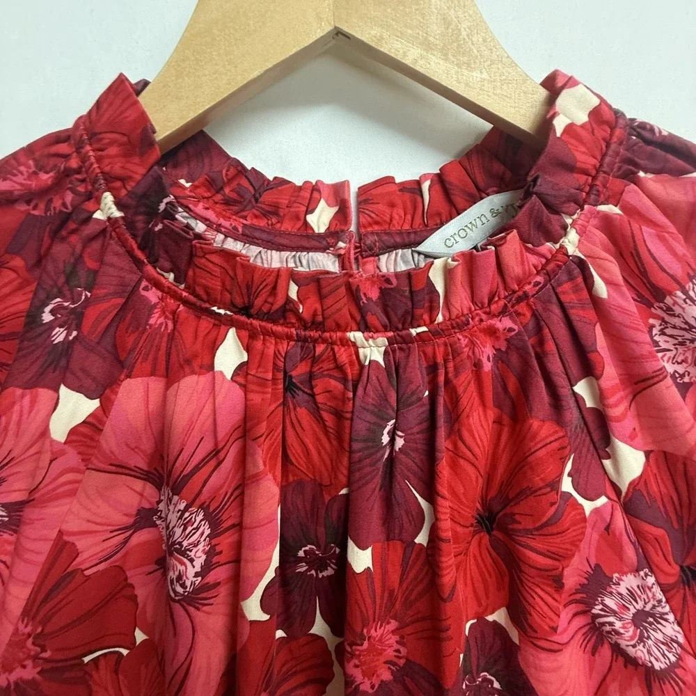 Crown & Ivy Floral Blouse Womens L Red Ruffle Neck Boho Peasant Top - Picture 4 of 13